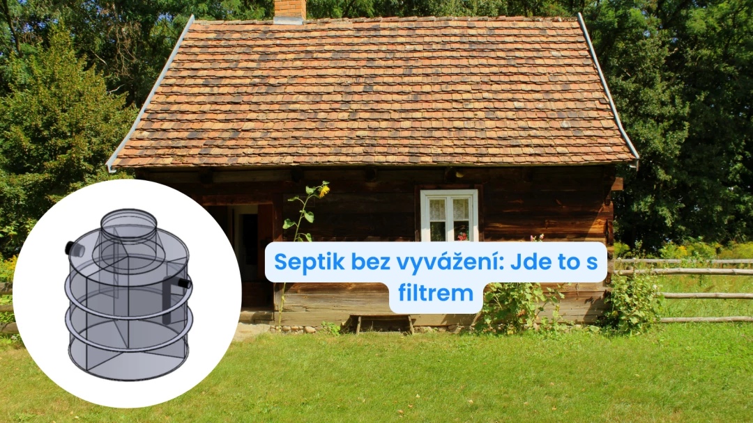 Ilustrace septiku s filtrem bez vyvážení před domem.