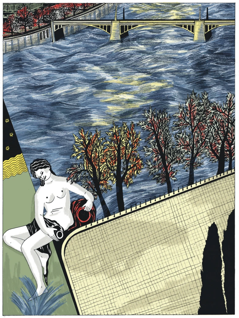 Ilustrace řeky Vltavy v Praze s mostem a podzimními stromy.