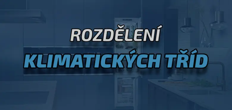 Titulek o rozdělení klimatických tříd lednic na modrém pozadí.