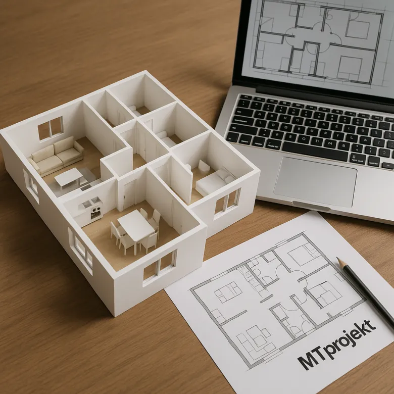 Model bytu s půdorysem a architektonickými plány na stole.