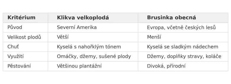 Porovnání klikvy velkoplodé a brusinky obecné v tabulce.