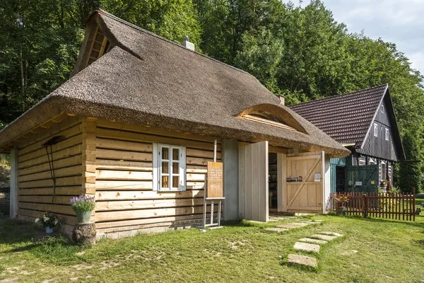 Tradiční roubená chalupa s doškovou střechou v přírodě.