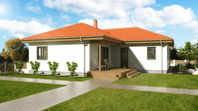 Moderní bílý bungalov s oranžovou střechou a zahradou.