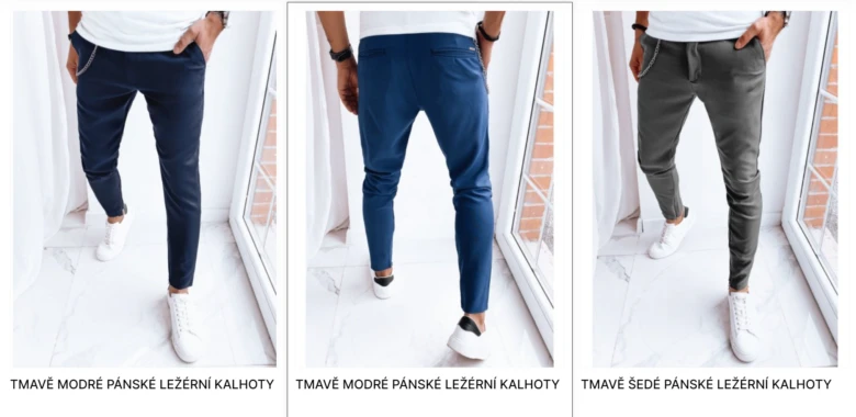 Muži v kalhotách: tmavě modré, šedé a světle modré modely.