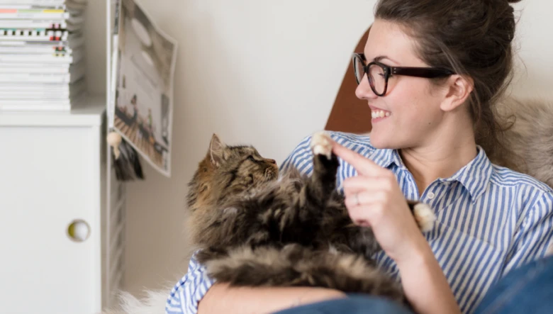 Žena hraje s kočkou v útulném interiéru