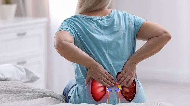 Žena s bolestí ledvin a anatomickým zobrazením.