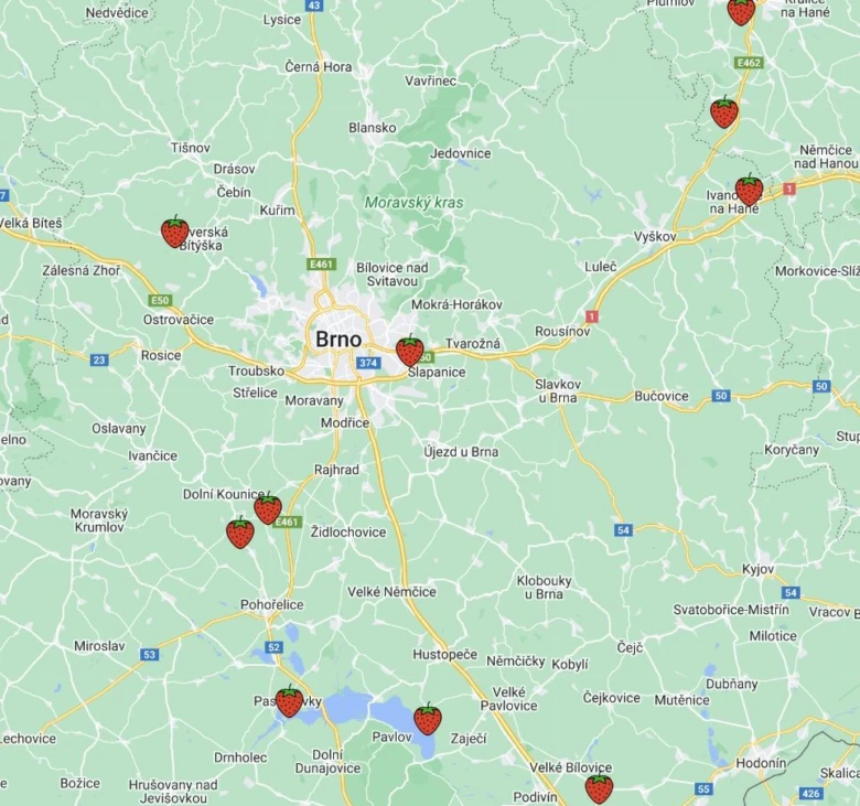 Mapa s polohami pro sběr jahod na jižní Moravě