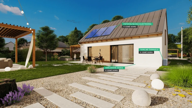 Moderní bungalov s fotovoltaikou a zahradním posezením