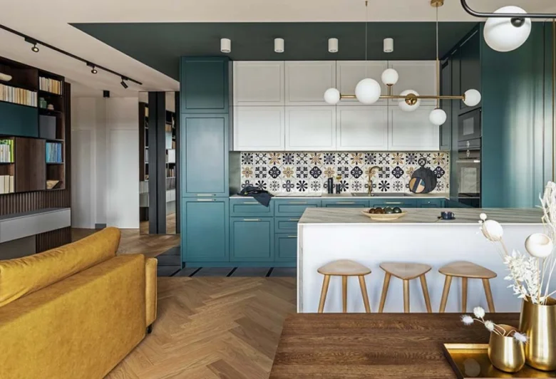 Moderní obývací pokoj s kuchyní a jídelnou v designovém stylu.