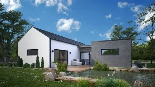 Modern bílý bungalov ve tvaru písmene U s zahradou.