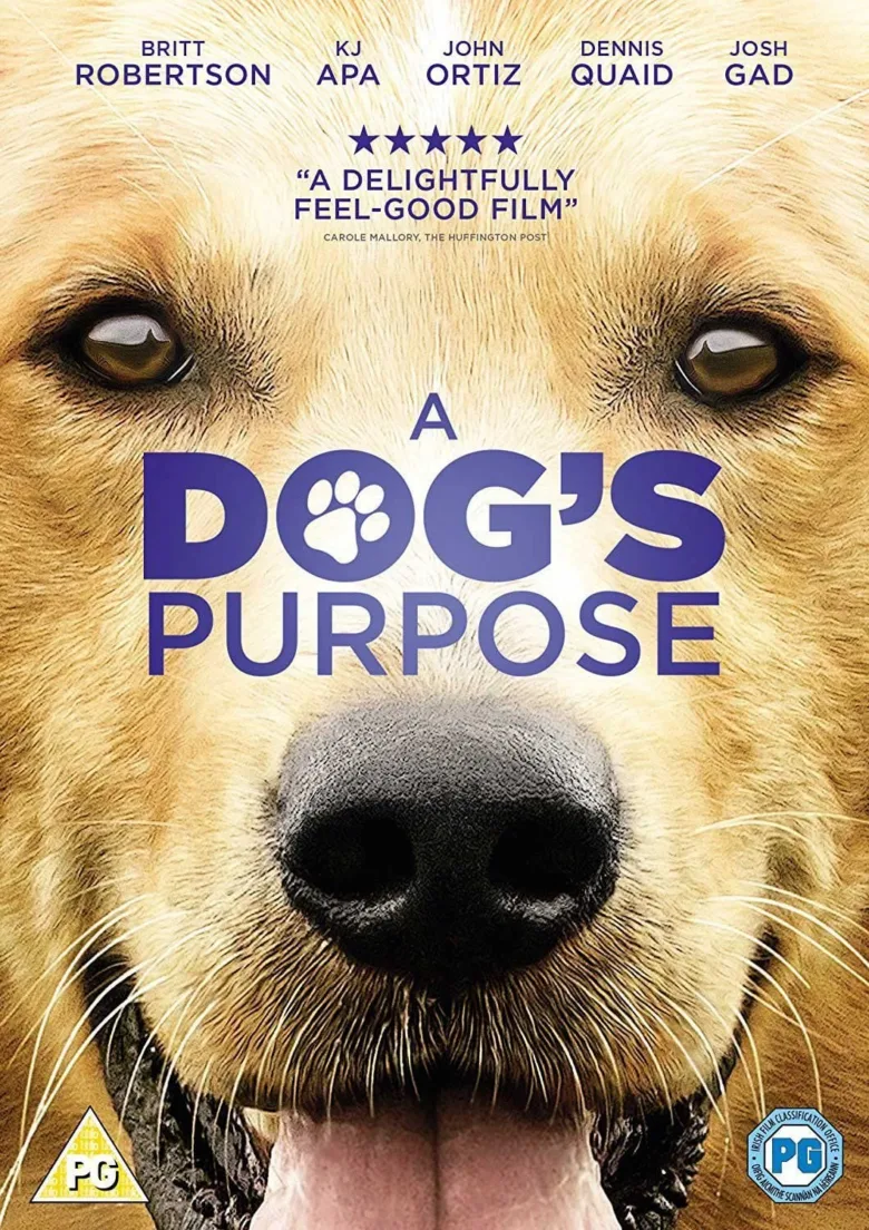 Plakát filmu A Dog's Purpose s tváří zlatého retrívera.