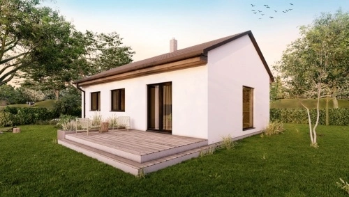 Moderní bungalov s terasou v zeleném prostředí.