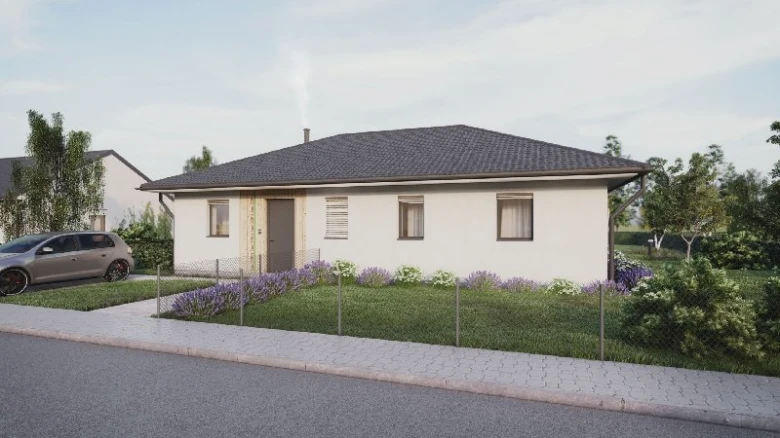 Moderní bungalov s zahradou před domem.