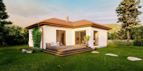 Moderní bílý bungalov s velkými okny na zelené trávě.