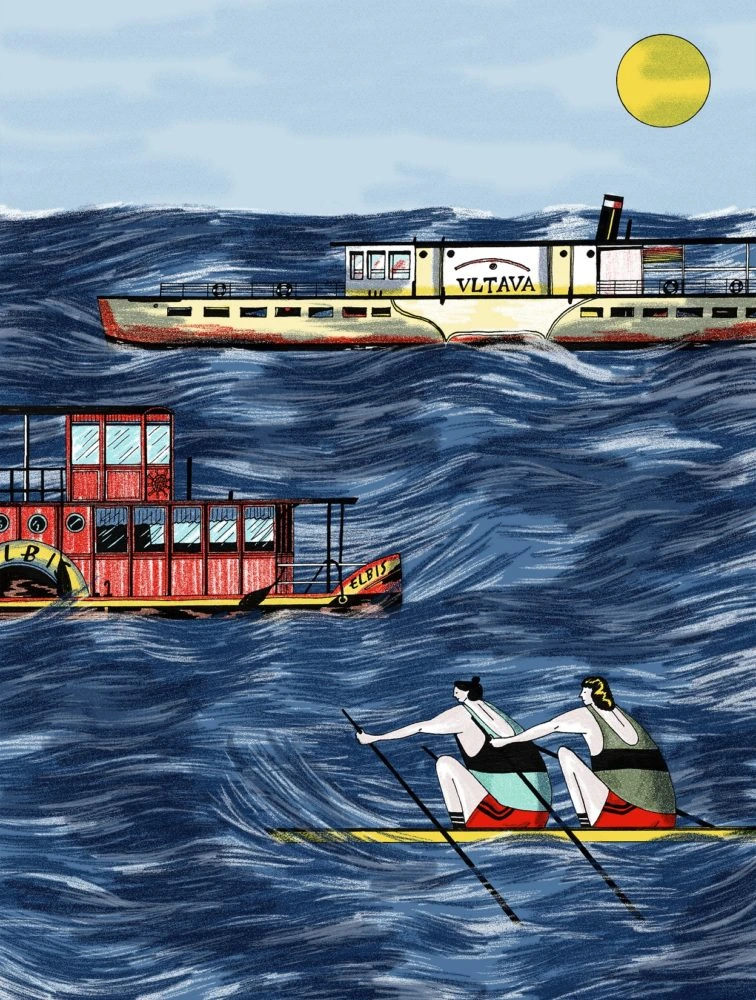 Ilustrace lodí na řece Vltavě pod sluncem.