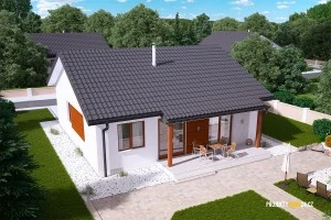 Moderní rodinný dům s terasou pro inspiraci k půdorysu.
