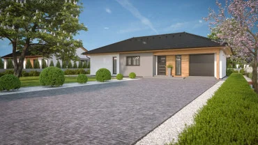Moderní jednopatrový bungalov s garáží na pozemku.