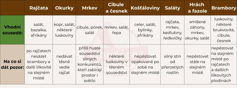 Tabulka vhodných sousedů pro zeleninu v zahradě