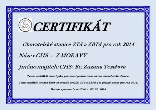 Certifikát chovatelské stanice pro zakrslé králíky.