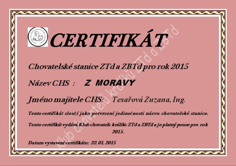 Certifikát pro chov zakrslých králíků v roce 2015.